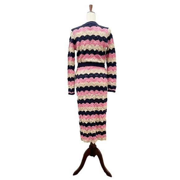 Laurie Felt Pointelle Knit Maxi Cardigan Duster Sweater Navy Pink Tan Size XXS - Picture 3 of 16